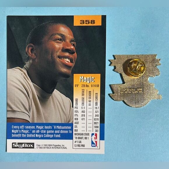 1988 LA Lakers NBA West Div. Champions pin & Magic Johnson 1993 Skybox Card #358 - Picture 2 of 3